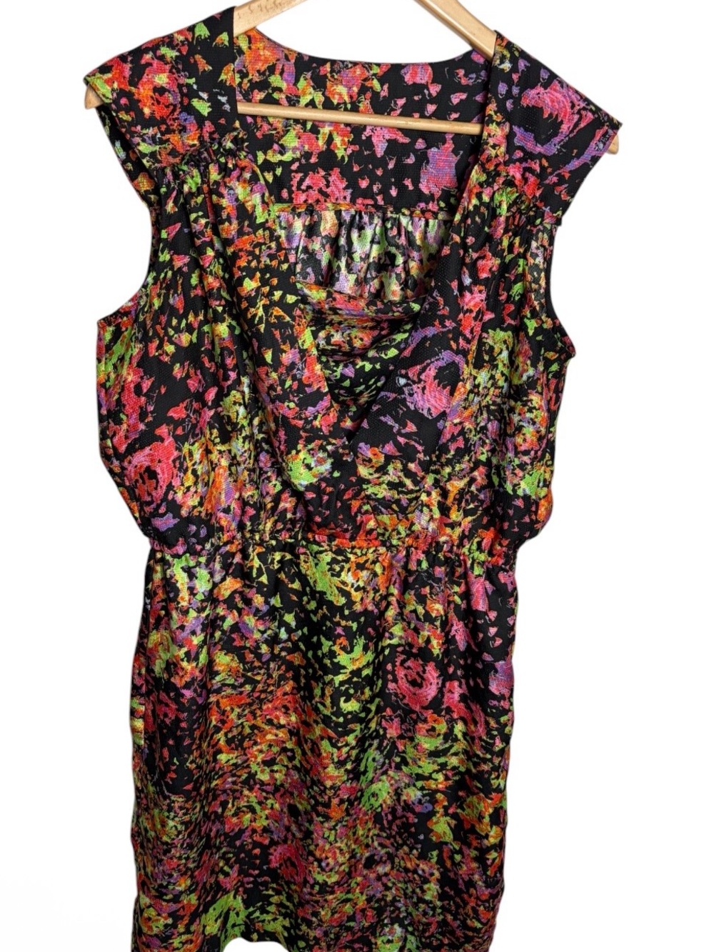 Julie Dillon abstract neon on black  layered front shift dress size 8